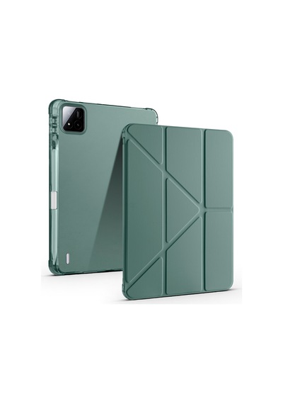 Mi Pad 7 2024 2410crp4cg Uyumlu Kalem Bölmeli Dönebilen Üçgen Standlı Tri Folding Tablet Kılıfı - Koyu Yeşil - T38567