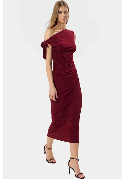 Ersefa Vücuda Oturan Maxi Elbise Tek Omuz Asimetrik Yaka Polyester Kumaş Bordo
