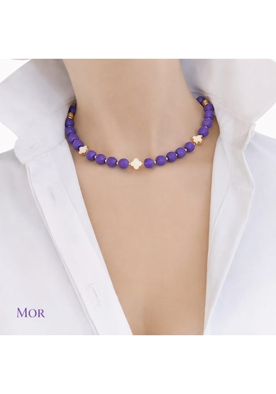 Luna Yonca Detaylı Lav Taşı Choker Doğal Taş Kolye Mor
