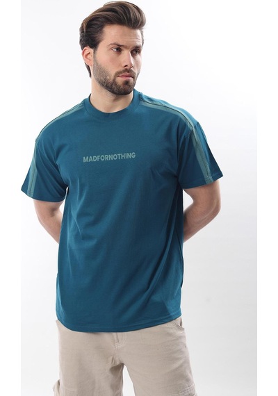 Madmext Petrol Mavisi Bisiklet Yaka Baskılı Erkek T-shirt E7110 Petrol Mavisi