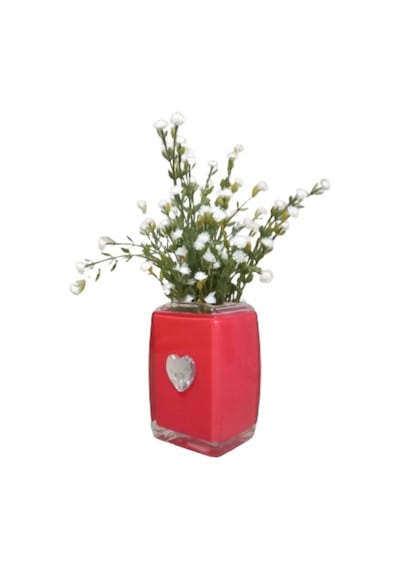 Vazoda Beyaz Yapay Çiçek Dekoratif Kristal Taşlı Kırmızı Kalpli Vazo Dahil 6 x 6 x 16 CM