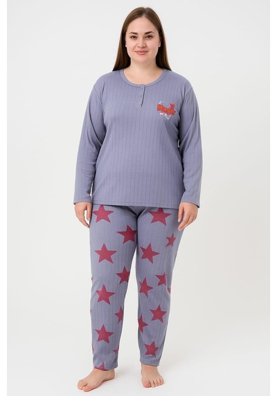 Pemilo Kadın 05117 Büyük Beden % 100 Pamuk Raporlu Pijama Takımı İndigo