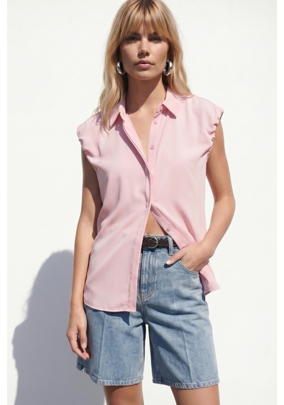 Sateen Kol Detaylı Gömlek - Pembe-137578