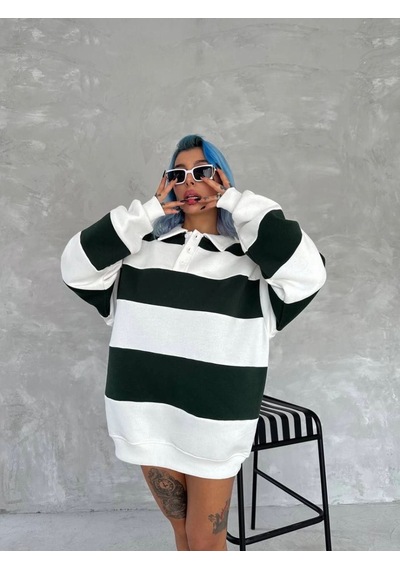 Mbb E-ticaret Kadın 3 İplik Pamuklu Parçalı Yakalı Sweatshirt - Yeşil