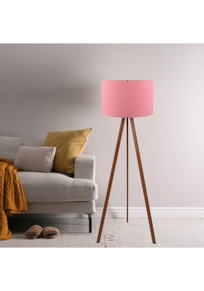 Pratik Ahşap Üç Ayaklı Tripod Lambader Pembe Kumaş Başlık Salon Oturma Odası Köşe Lambası Pembe