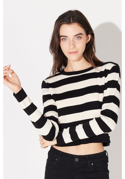 Lee Slim Fit Dar Kesim Bisiklet Yaka Siyah Beyaz Çizgili Crop Triko Kazak L232492001 Siyah