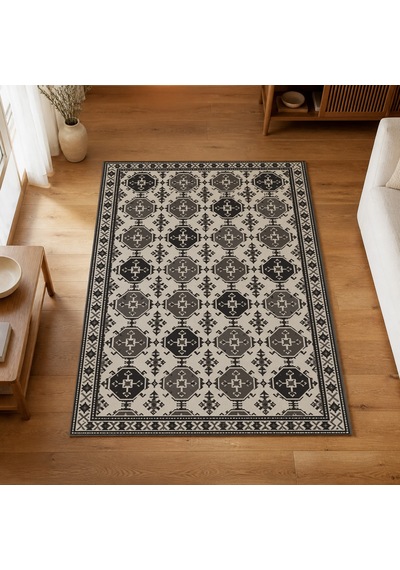 Kartela Halı Afgan Türkmen Desenli Otantik Halı Antrasit Kaymaz Taban 100x150 Cm