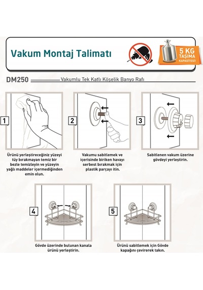 Teknotel Vakumlu Tek Katlı Banyo Köşe Rafı Mat Siyah Dm250 Siyah