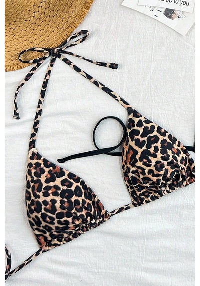 Modadua Kadın Leopar Desenli Ve Siyah Minimal Kesim Üçgen Bikini Üstü Çok Renkli