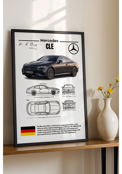 Mercedes Cle Tablo - Teknik Özellikli Lüks Coupe Poster - Çerçeveli Duvar Dekoru - Araba Blueprint Siyah