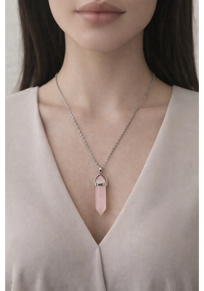 Doğal Taş Pembe Kuvars, Altıgen Kolye Pembe
