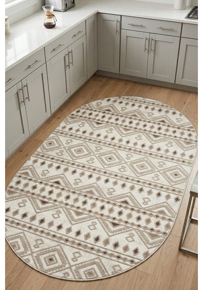 Raschel Carpet Oval Premium Yıkanabilir Leke Tutmaz Mutfak Halısı Etnik Desen Bej Özel Seri Kaymaz Taban Halı Çok Renkli