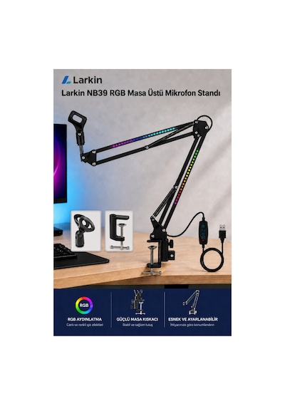 Larkin Nb39 Rgb Demir Masa Üstü Yayıncı Mikrofon Standı Boom Arm Siyah