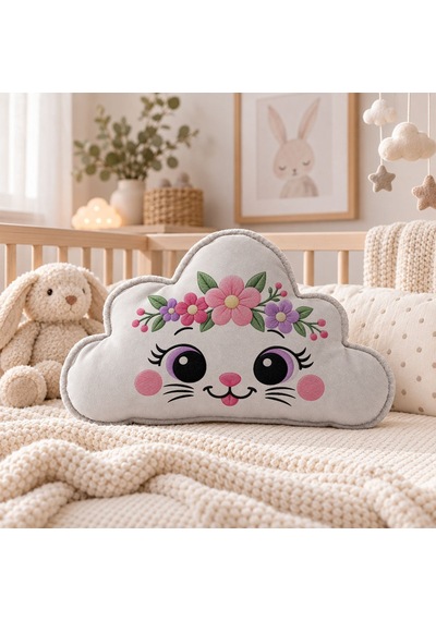 Bk Gift Sevimli Yüz Tasarımlı Gri Bulut Yastık-2 - Bebek Ve Çocuk Odası Dekoratif Yastık 34,5x22 Cm