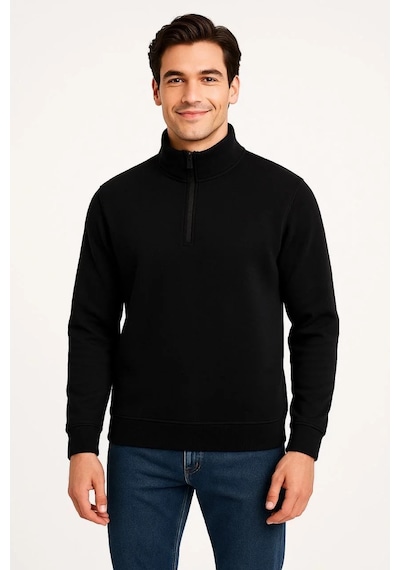 Cvs Giyim Erkek Dik Yaka Sweatshirt Dik Yaka Yarım Fermuarlı 3 İplik Şardonlu Pamuk Kumaş - Siyah Siyah