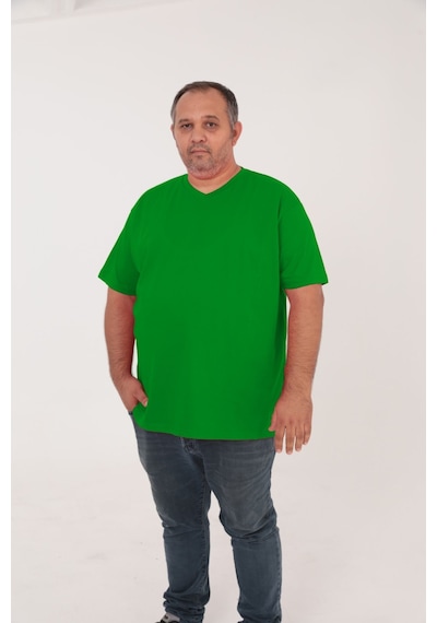 Big Nona Erkek Büyük Beden Unisex T-shirt V Yaka Koyu Yeşil