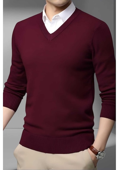 Tezzgelsin Erkek V Yaka Uzun Kol Triko Tüylenmez Süveter Erkek Slim Fit Süveter Bordo