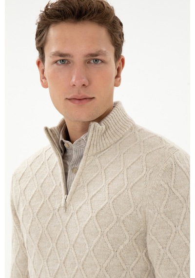 U.S. Polo Assn. Erkek Regular Fit Yarım Fermuarlı Desenli Taş Kazak 50315035-VR049