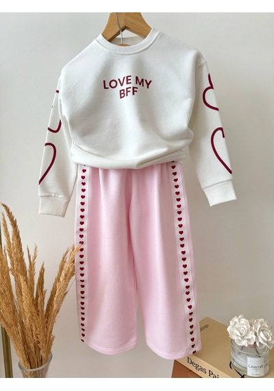 Magu Kız Çocuk Pamuklu Kalp Detaylı Ekru Sweatshirt Ve Pembe Pantolon Takımı Çok Renkli
