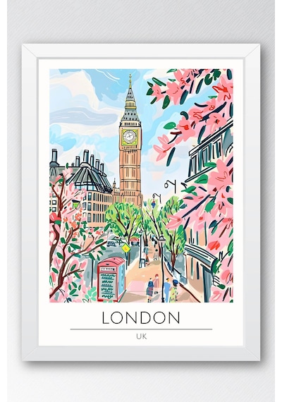 İngiltere Londra Temalı Çerçeveli Tablo Travel Serisi Modern İllüstrasyon Şehir Duvar Dekoru Beyaz