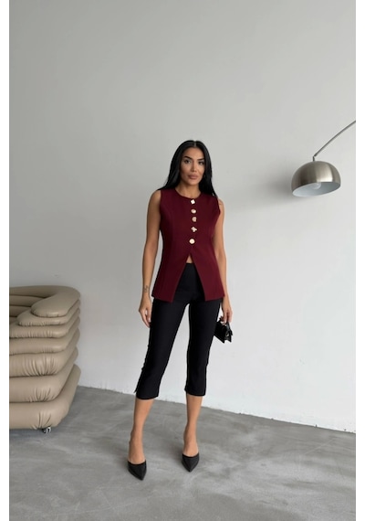 Defymoda Gold Düğme Detaylı Yelek - Bordo Bordo