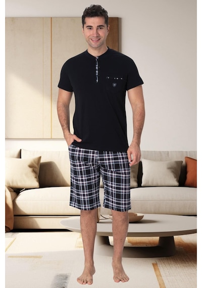 Mecit Pijama Mecit 2901 Lacivert Ekoseli %100 Pamuk 3'lü Büyük Beden Erkek Pijama Takımı Lacivert