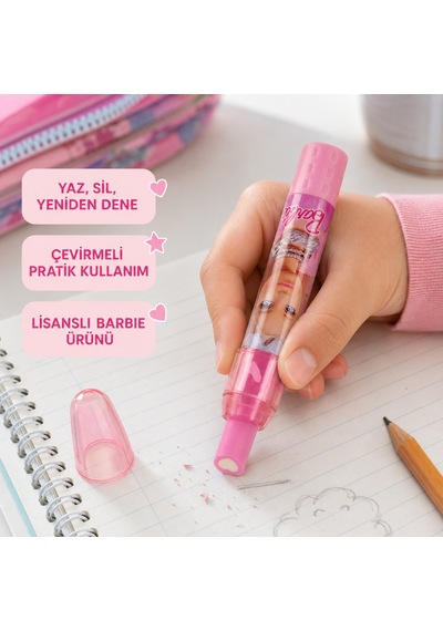 Bakgelal Lisanslı Barbie Kalp Uçlu Çevirmeli Kalem Silgi Kapaklı Okul Kırtasiye Ürünü - 9047731204780
