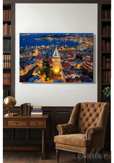 İstanbul'un Simgelerinden Galata Kulesi Gece Manzarası Yatay Kanvas Tablo 4457 Çok Renkli