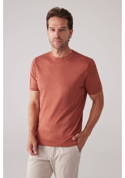 Erkek Turuncu Slim Fit Bisiklet Yaka Yazlık Triko Tişört