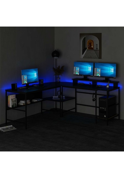 Minar Greta Rgb Led Işıklı L Köşe Çalışma Masası Siyah