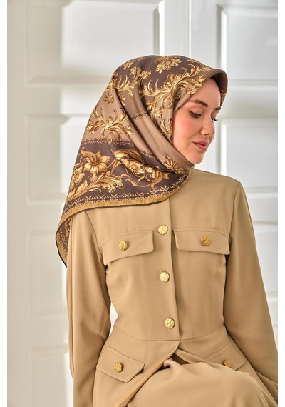 Silk Home Twill İpek Eşarp 11482-01 Kahverengi, Koyu Vizon, Gold, Krem