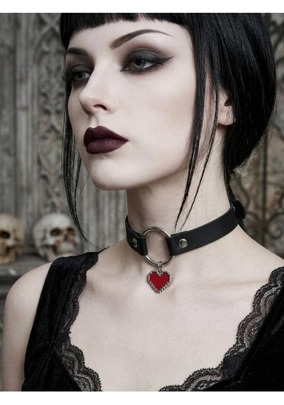 Siyah Pu Deri Haç Figürlü Choker Kolye Gümüş Renk Halka Detaylı Gotik Tarz Kadın Kolye Gtk66 Kırmızı