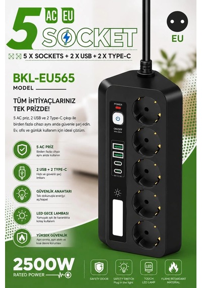 5 Li Akım Korumalı Priz 2500w 2 Usb + 2 Type-c Hızlı Şarj Led Gece Lambalı Dokunmatik Siyah