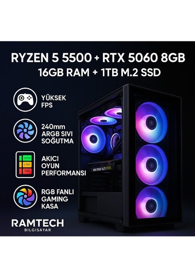 Ramtech GEPETTO R5-5500 8 GB 16 GB 1 TB M.2 SSD RTX5060 Free Dos Masaüstü Oyuncu Bilgisayarı