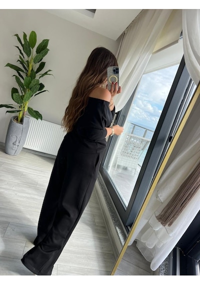 Efnaz Style Kadın Uzun Kollu Tek Omuzdan Açık Modal Bluz Ve Pantolon Ikili Takım Siyah