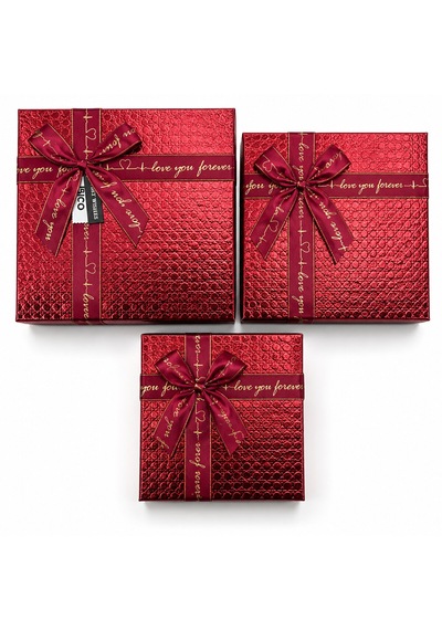 3pcs Kare Parlak Mix Renkli - Kabartma Desen Karton Hediye Kutusu Kurdelalı 19-17-15cm 5523