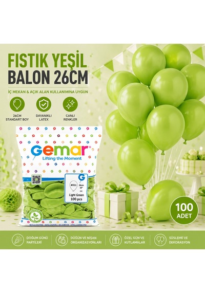 İç Mekan - Fıstık Yeşil Balon 10 Inc - 26cm - 100pcs Çok Renkli