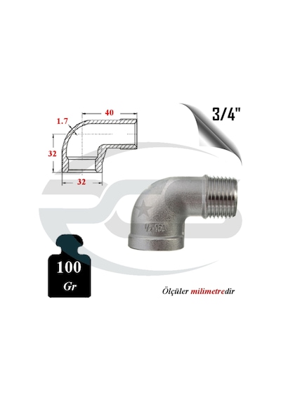 Paslanmaz Çelik 304 Kalite 3/4" Kuyruklu Dirsek