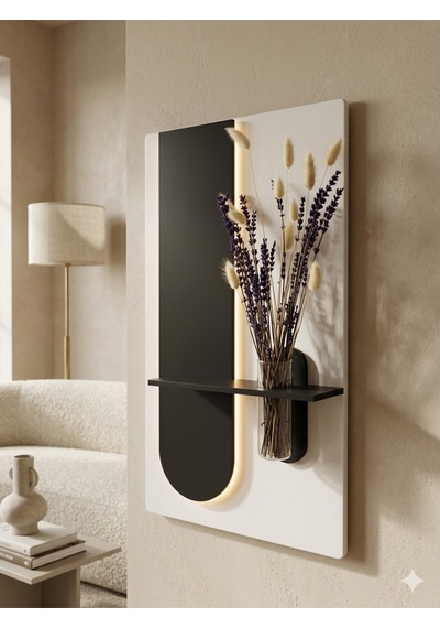 Okaliptus Ahşap Pilli Ledli İskandinav Tarzı Salon Duvar Rafı Modern Çiçeklik 40 X 70 Cm Paris Grisi - Antrasit