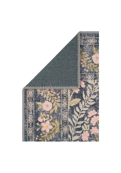 Cool Halı Daisy Kömür Mavi Bohem Halı Yıkanan Çiçek Desenli Dokuma Şönil Halı Otantik Vintage Halı