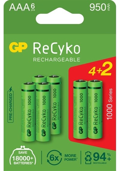 6 Adet(4+2)GP ReCyko 1000 Serisi AAA Şarjlı İnce Kalem Pil 950mAh
