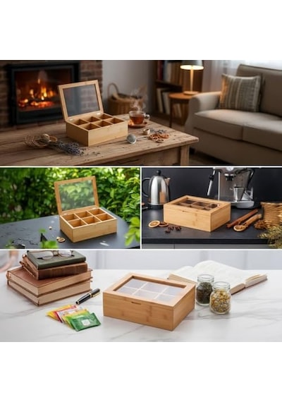 Bambu 6 Bölmeli Çay Kutusu -%100 Orjinal Bambu Mıknatıslı Kapak 21x16,5 X7cm