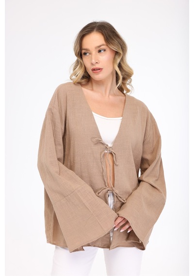 Blayn Jeans Blayn Kadın Keten Kimono Oversize Rahat Kalıp Yazlık Uzun Kollu Kimono Vizon