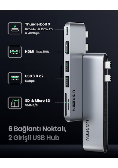 Ugreen 6'sı 1 Arada 2 Usb 3.0 100w 6k Pd Port Çoklayıcı Hub, 80856