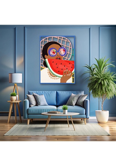 Karpuz Yiyen Gözlüklü Kadın - Metal Tablo - Dec0339 48 X 65 Cm Çok Renkli