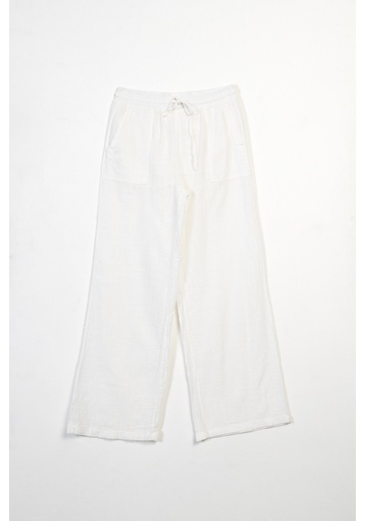 Beli Lastikli Bağcıklı Pantolon Ekru