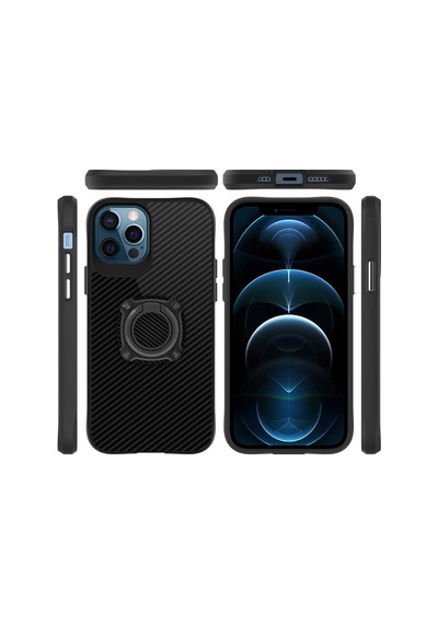 Apple Uyumlu iPhone 12 Pro Max Kılıf Yüzüklü Karbon Koruyucu Kapak