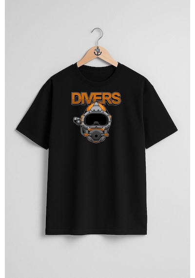 Oversize Divers Dalgıç Başlığı Göğüs Ve Sırt Tasarımlı Unisex T-shirt Siyah