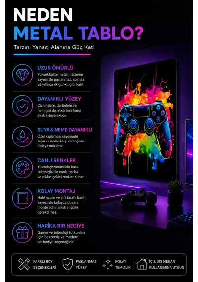 Neon Gaming Mouse Metal Duvar Tablosu Oyuncu Odası Duvar Dekoru 30x40 Cm A3 Boyutunda