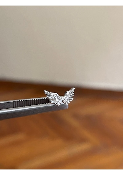 316 L Cerrahi Çelik Melek Kanadı Detaylı Kıkırdak Helix Tragus Piercingi Gümüş - Mavi
